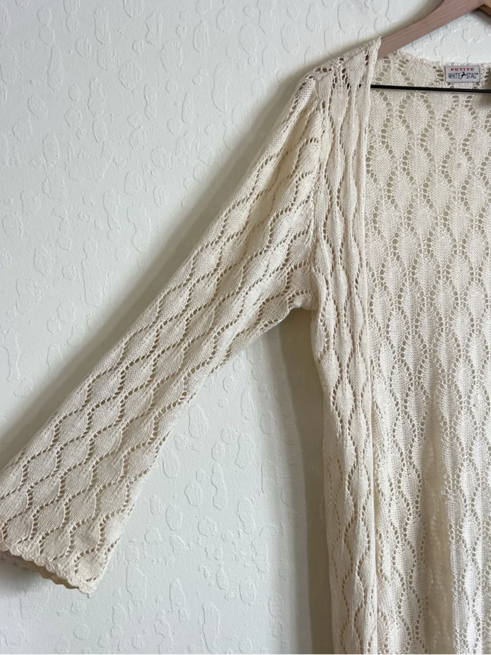 Vintage White Stag Cotton Ramie Crochet Knit Open Front Long Cardigan Small Pet
